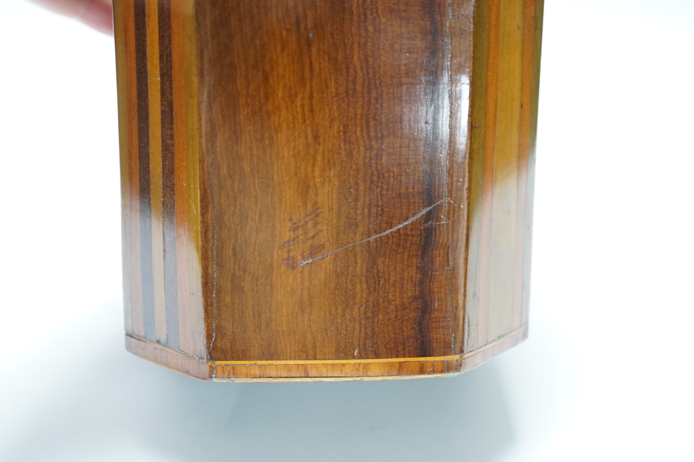 A Regency inlaid octagonal tea caddy and ivory escutcheon lock, 13cm high CITES Submission reference L5T8A768